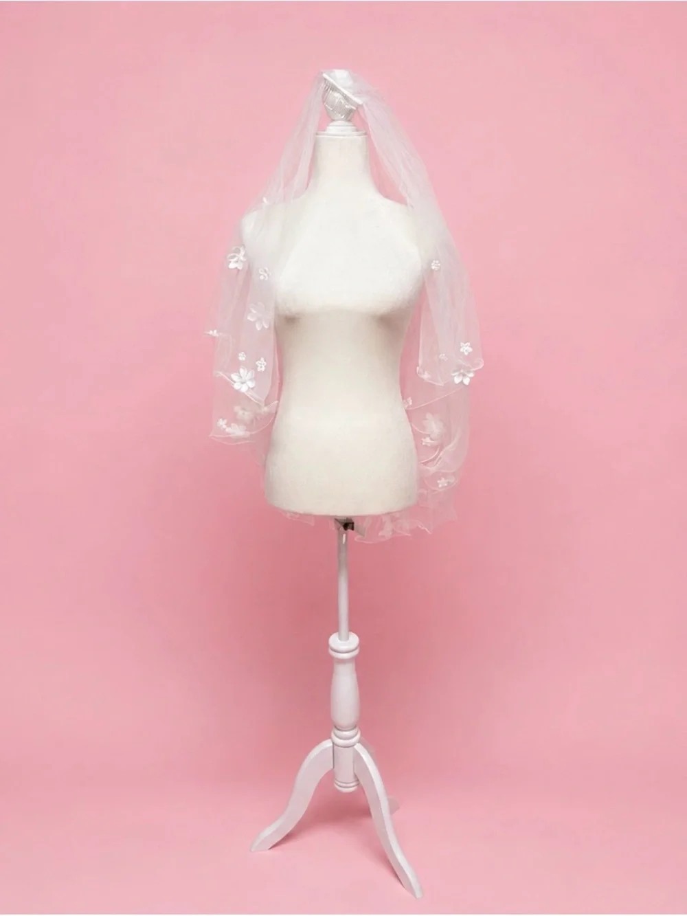 White Bridal Veil with Floral Appliqués and Pearl Accents